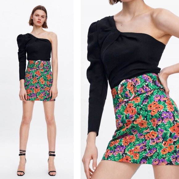 Zara Belted Floral Print Mini Skirt Size XS - Picture 1 of 7